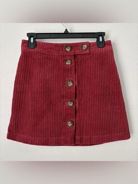 Burgundy Corduroy Button-Front Mini Skirt